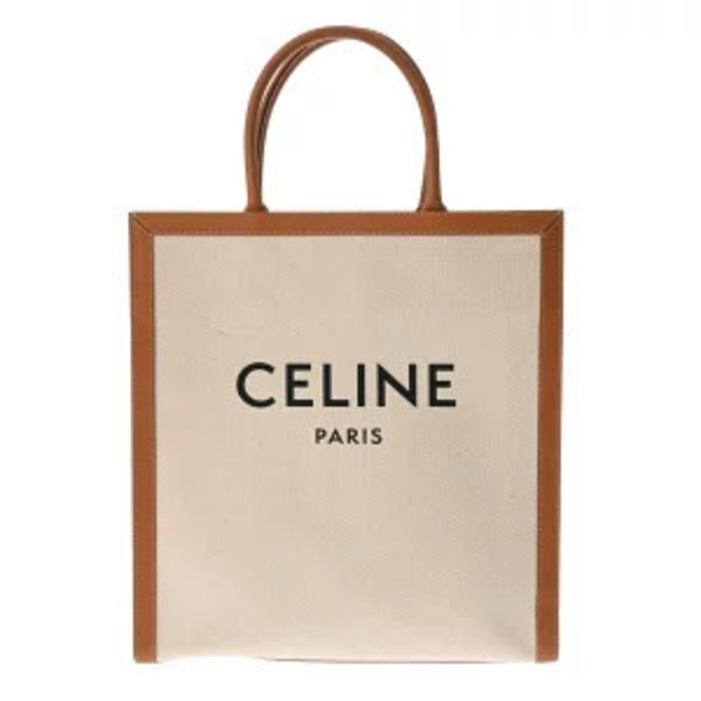 Celine Vertical Cabas Canvas Calfskin Tote Bag White Tan